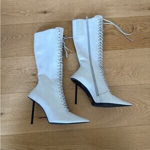 Jeffrey Campbell Stiletto Boots Crackle Pointed Toe Tie Me Size US7 Gray/Whitish